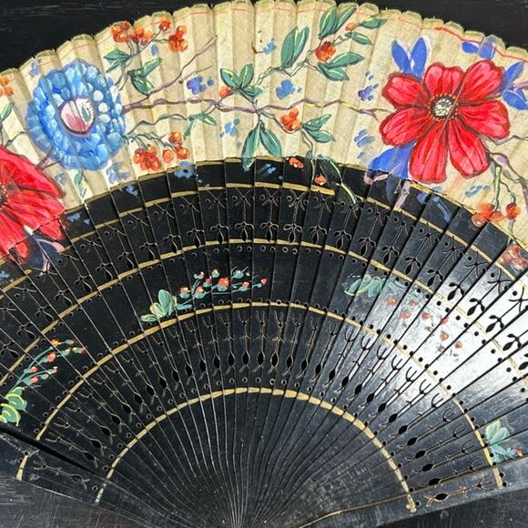 wooden hand painted- vintage fan with fabric end detailing- 17 inches extended - Picture 3 of 7